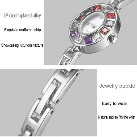 Women Silver Vintage Colorful Crystal Oval Watch Fashion Ladies Small Dial Dress - Picture 4 of 7